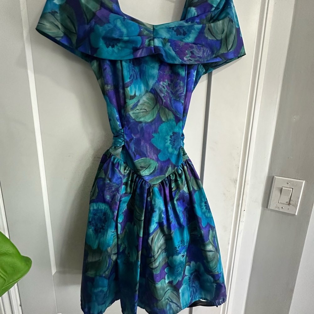 Floral Off-Shoulder Mini Dress in Teal & Purple